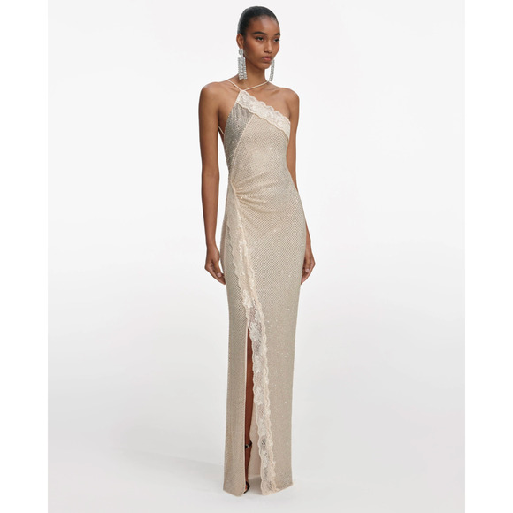 Self-Portrait Champagne Rhinestone Lace Trim Maxi Dress US 4 - Picture 2 of 10